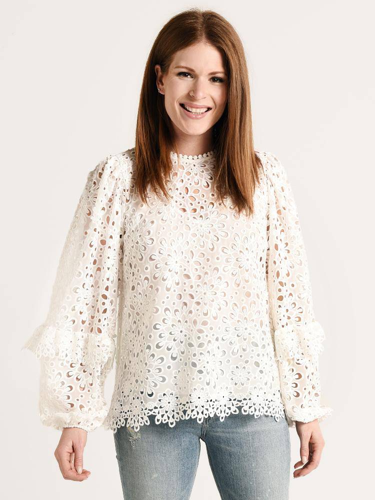 Monique Lhuillier Embroidered Eyelet Top With Sleeve Ruffle - Saint Bernard