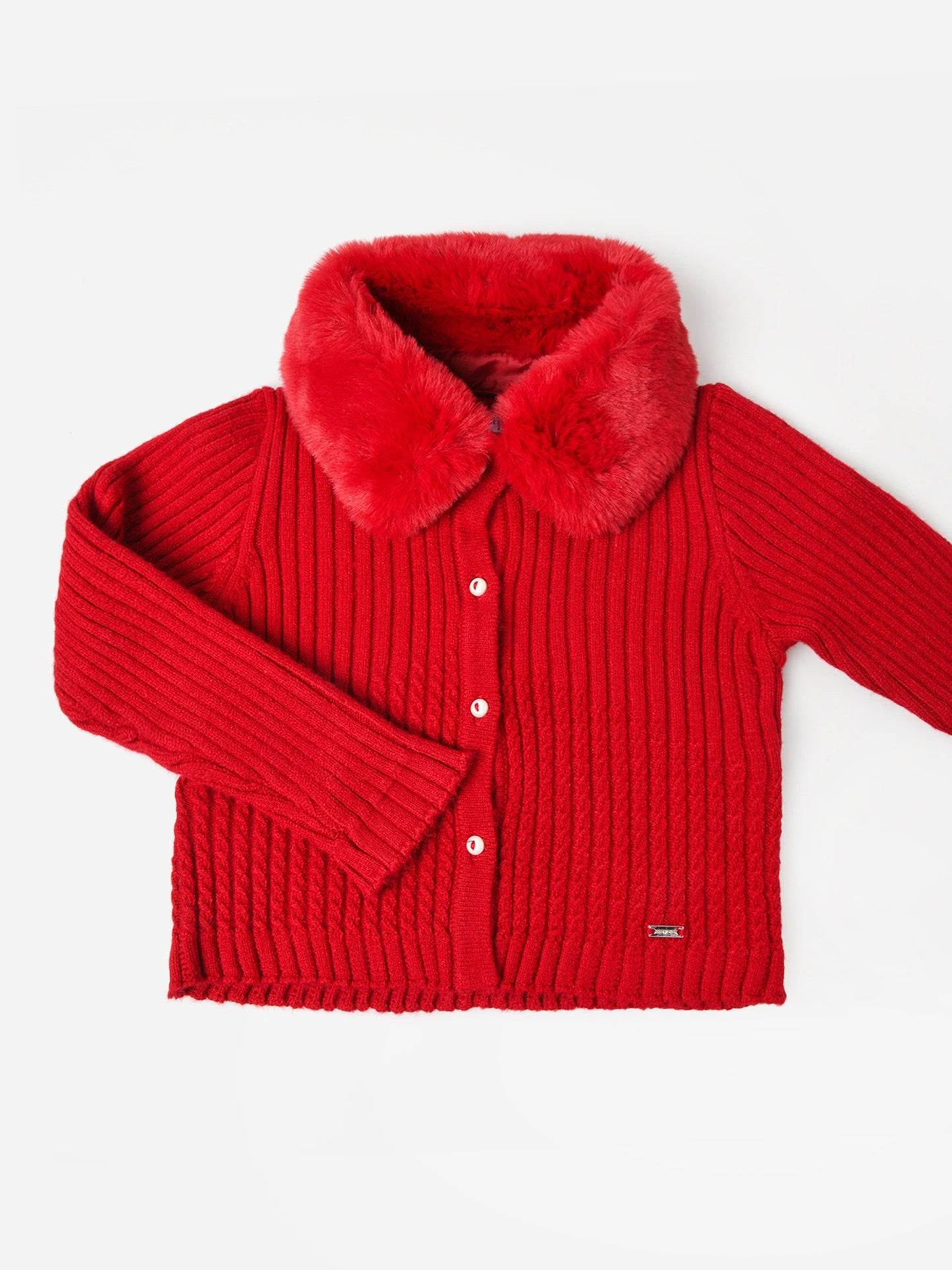 Mayoral Girls' Faux Fur Collar Knit Cardigan