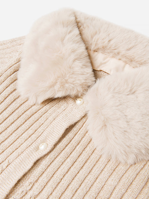 Mayoral Girls' Faux Fur Collar Knit Cardigan