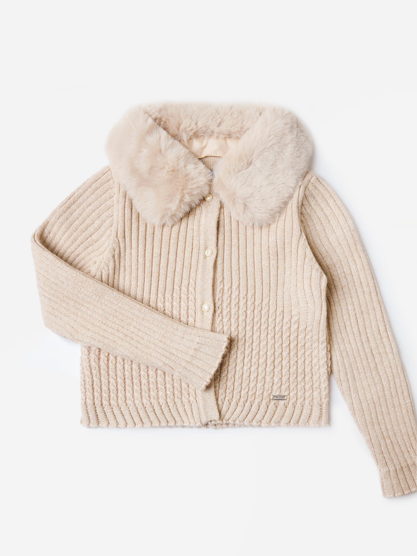Mayoral Girls' Faux Fur Collar Knit Cardigan