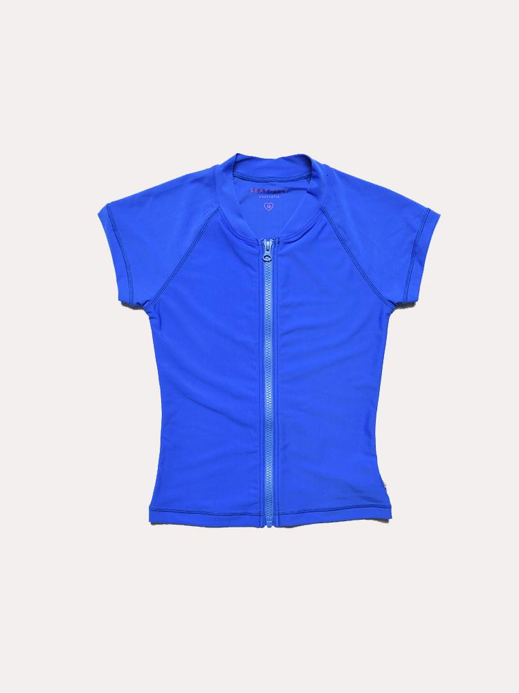 Seafolly Girl's Summer Essentials Short Sleeve Zip Front Rashie - Saint Bernard