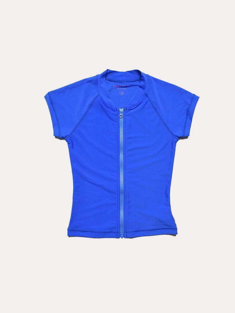 Seafolly Girl's Summer Essentials Short Sleeve Zip Front Rashie - Saint Bernard