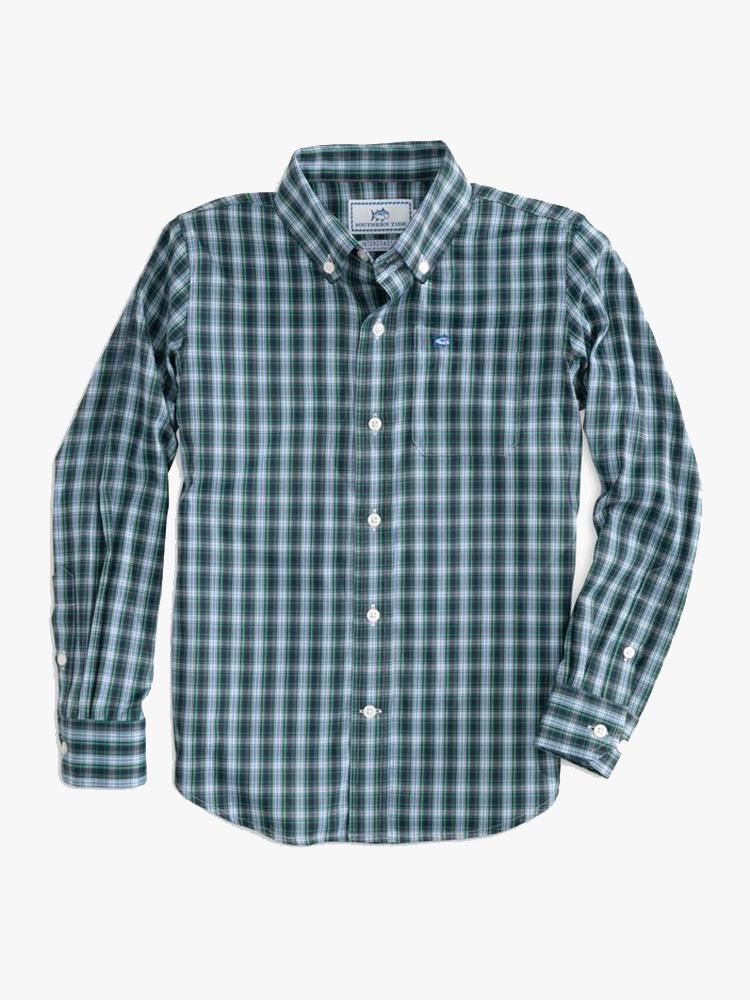 Southern Tide Boys’ Evergreen Plaid Intercoastal Performance Sport Shirt - Saint Bernard