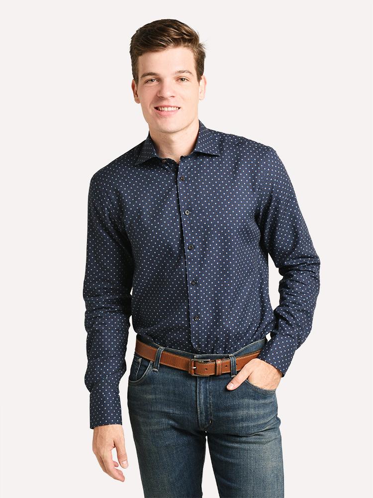 Stenstroms Navy and Brown Geometric Patterned Fitted Body Shirt - Saint Bernard