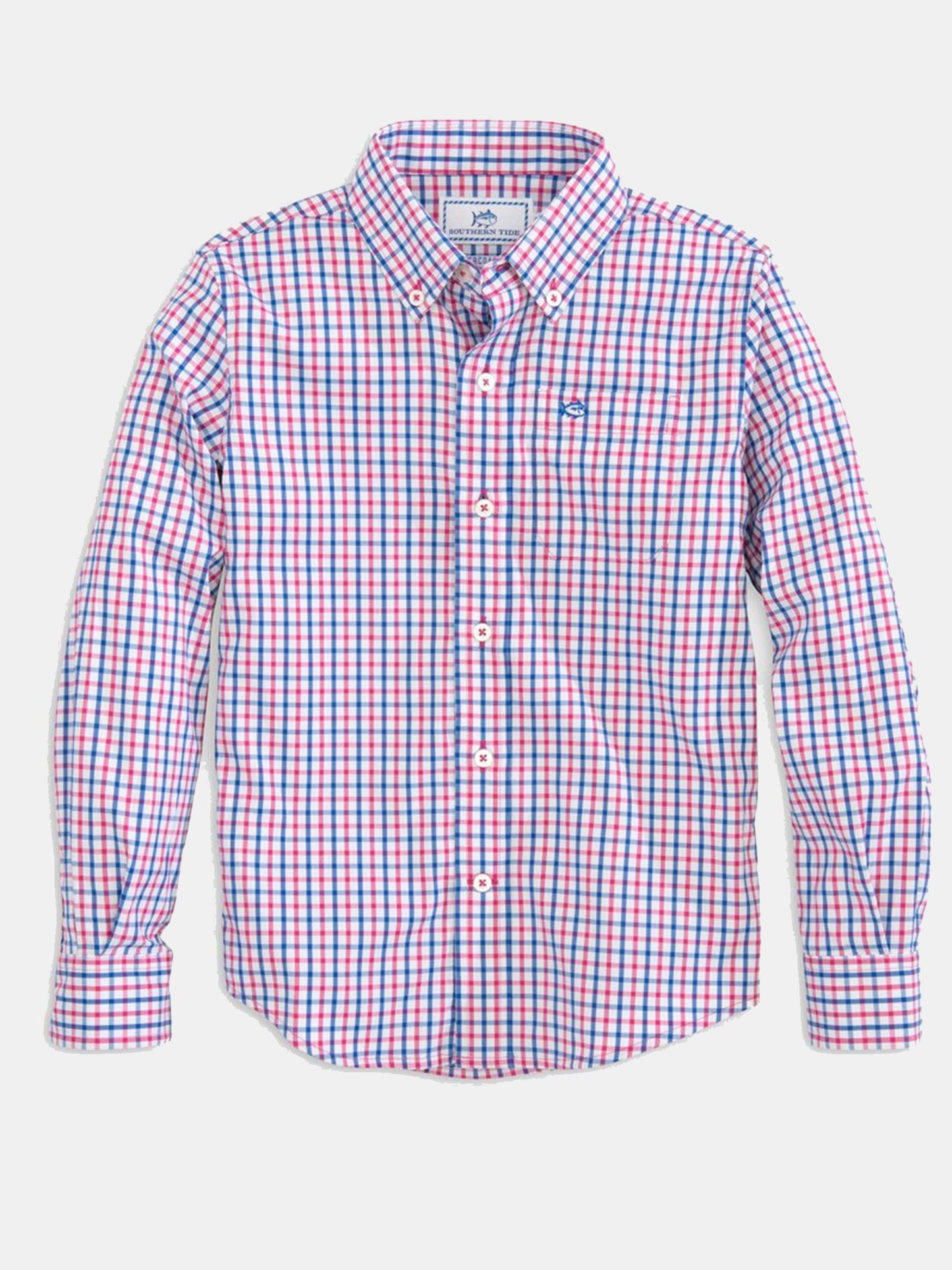 Southern Tide Boys’ Long Sleeve Tattersall Intercoastal Button Down Performance Shirt - Saint Bernard