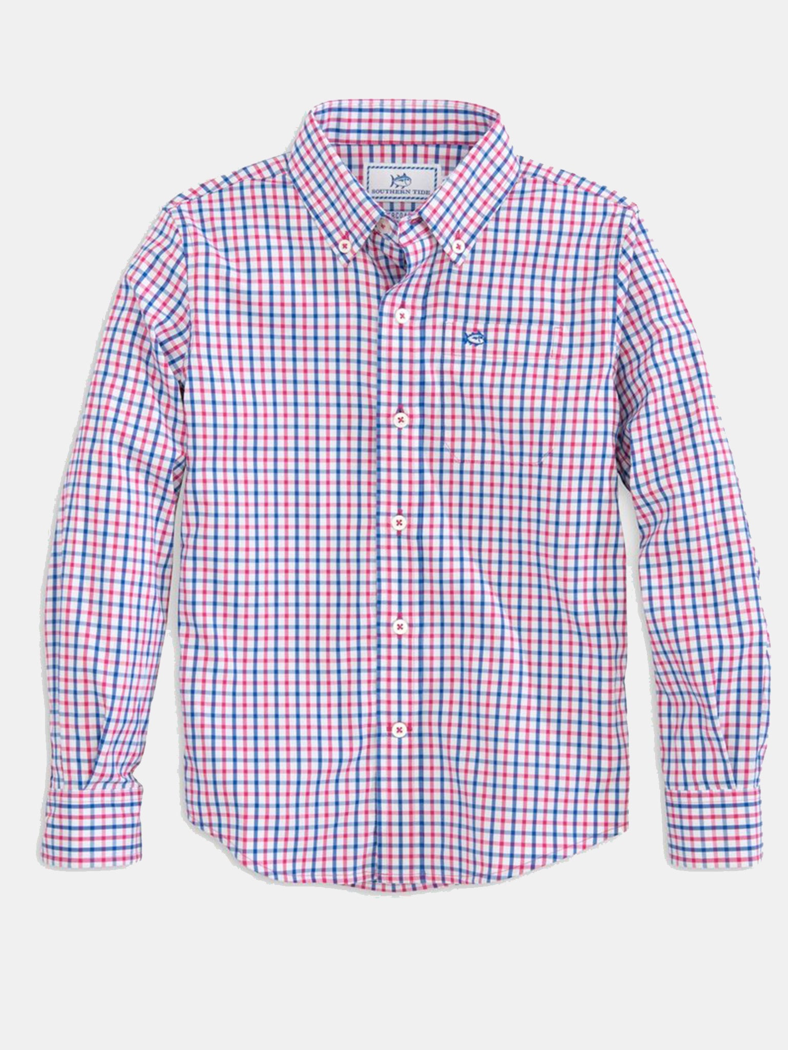 Southern Tide Boys’ Long Sleeve Tattersall Intercoastal Button Down Performance Shirt - Saint Bernard