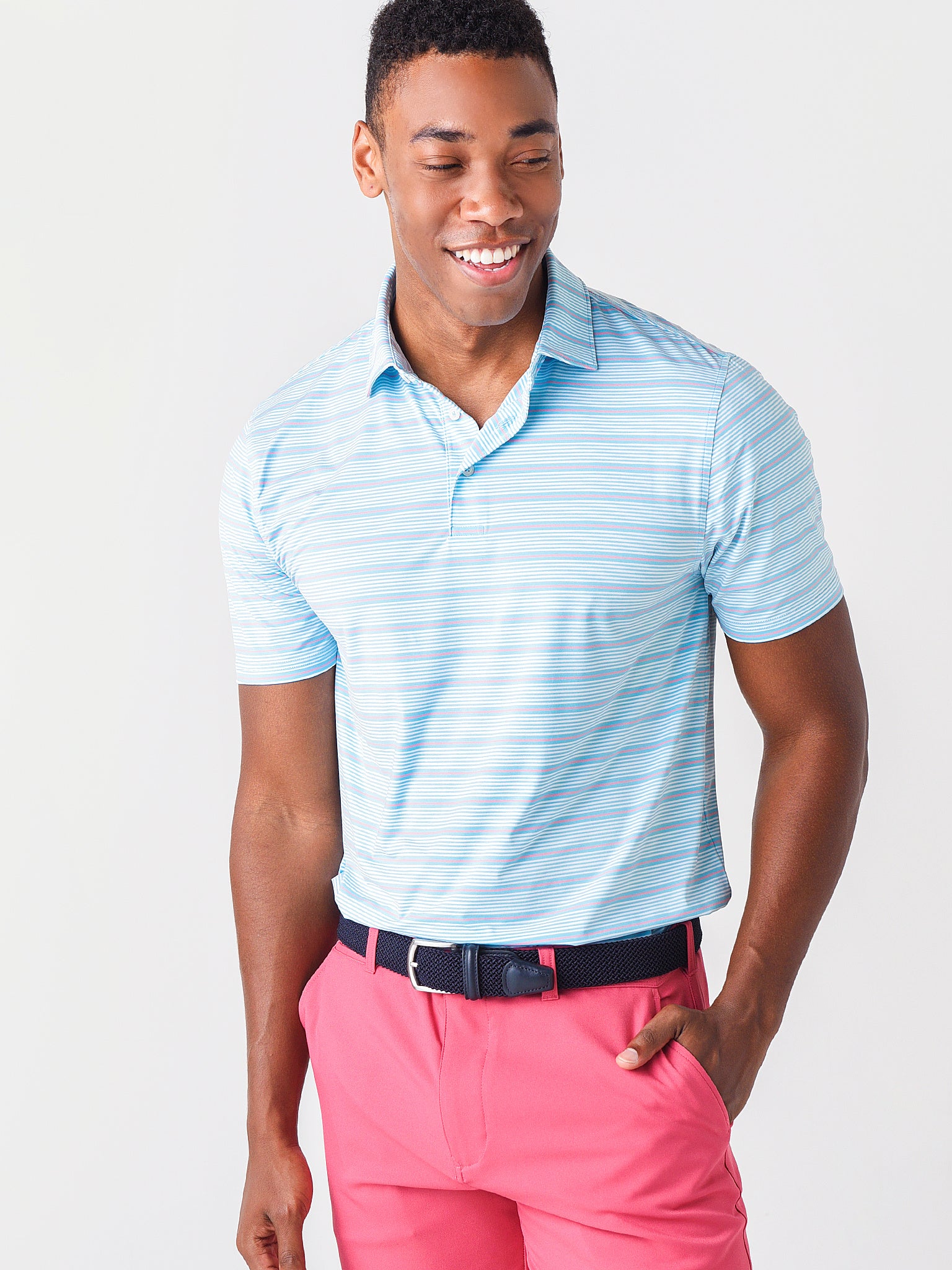 Southern Tide Men's Driver Classic Stripe Open Chest Performance Polo - Saint Bernard