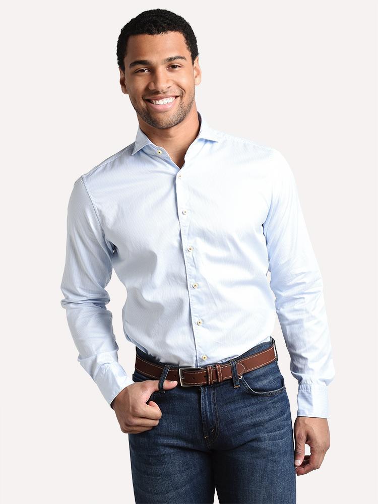 Stemstroms Men's Light Blue Pinstriped Casual Fitted Body Shirt - Saint Bernard