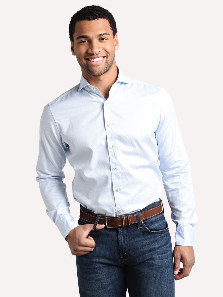 Stemstroms Men's Light Blue Pinstriped Casual Fitted Body Shirt