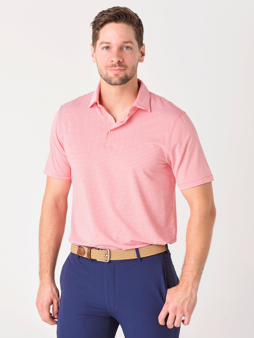 Southern Tide Men's Driver Classic Stripe Open Chest Performance Polo - Saint Bernard