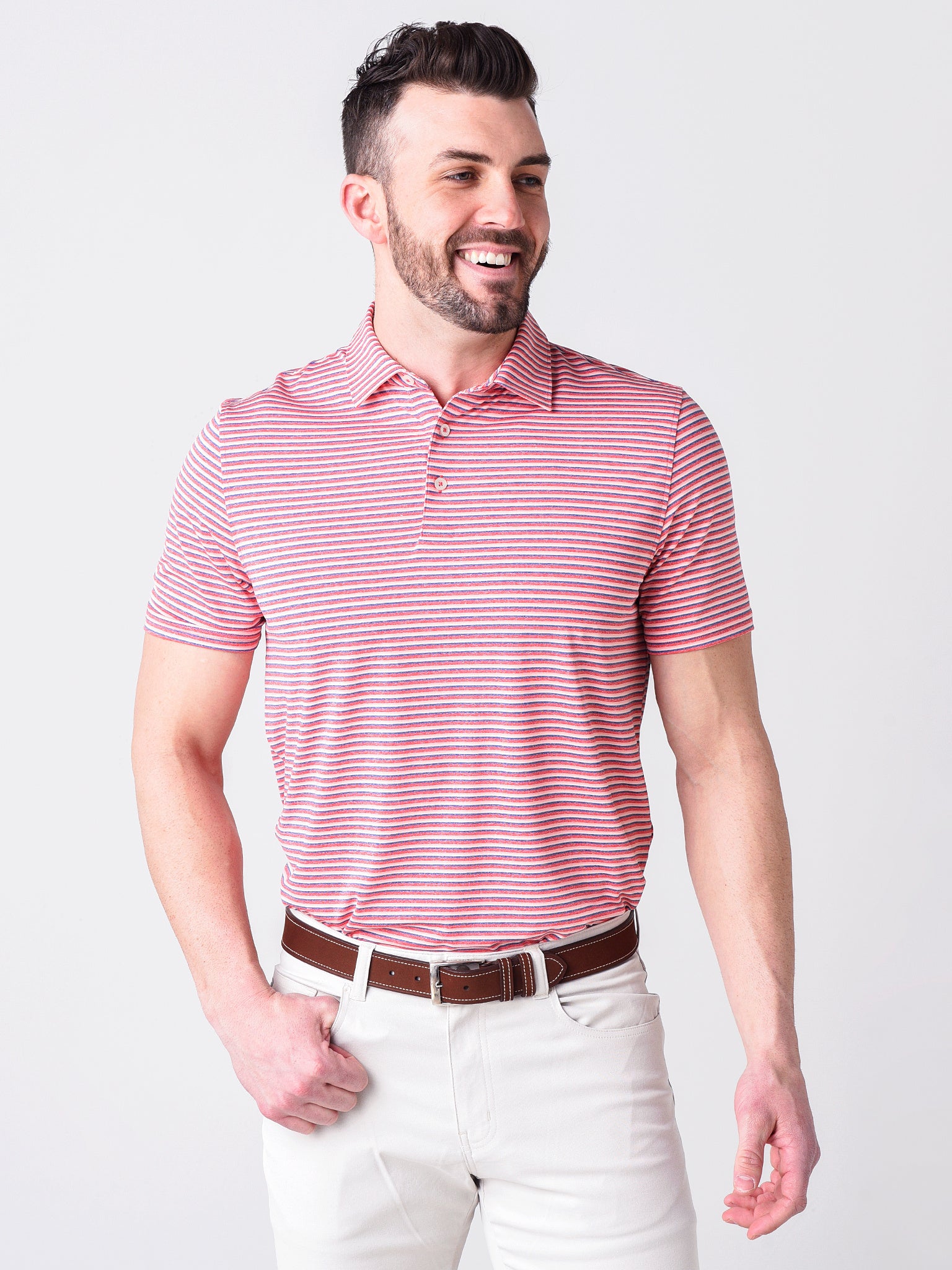 Southern Tide Men's Driver Heather Micro Striped Performance Polo Shirt - Saint Bernard