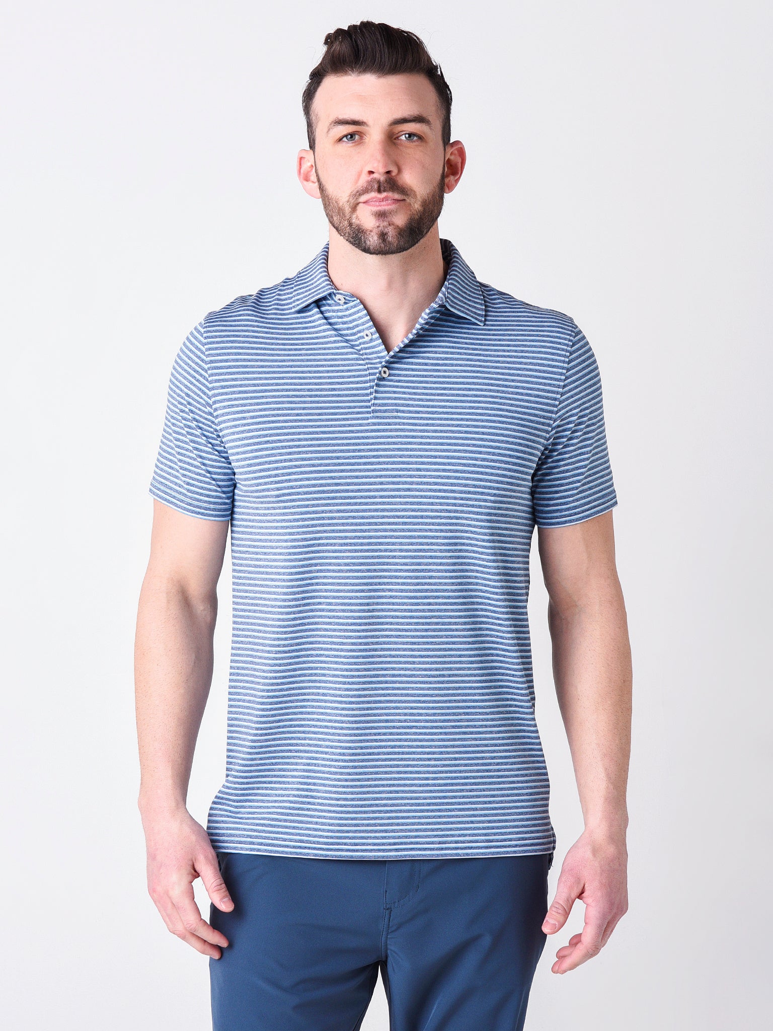 Southern Tide Men's Driver Heather Micro Striped Performance Polo Shirt - Saint Bernard