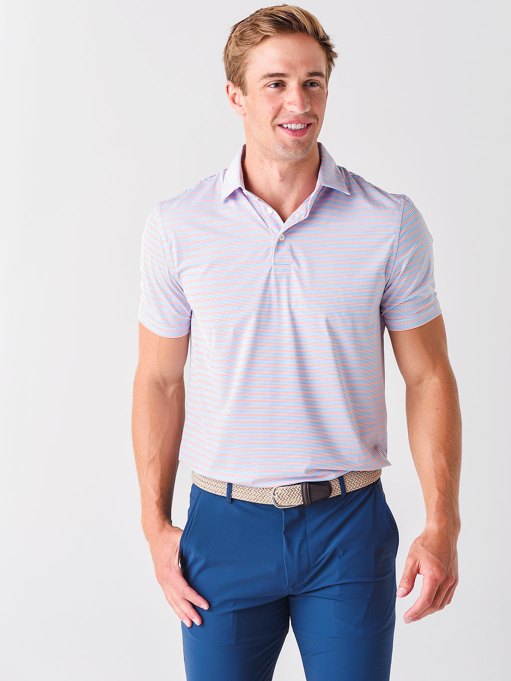 Southern Tide Men's Coen Stripe BRRR°®-EEZE Performance Polo Shirt - Saint Bernard