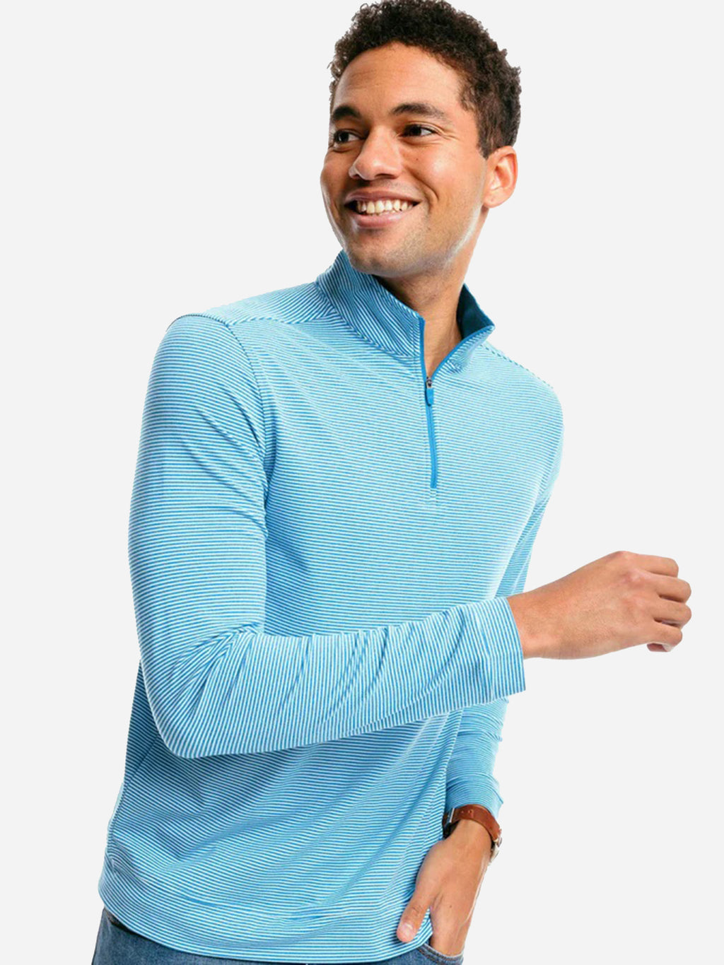 Southern Tide Men's Cruiser Heather Micro Striped Performance Quarter-Zip Pullover - Saint Bernard