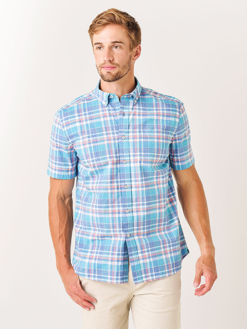 Southern Tide Men's Spacedye Madras Short-Sleeve Sport Shirt - Saint Bernard