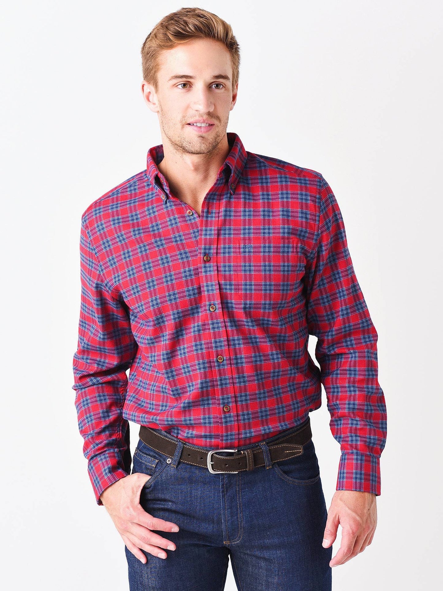 Southern Tide Men's Fuller Plaid Flannel Intercoastal Performance Sport Shirt - Saint Bernard