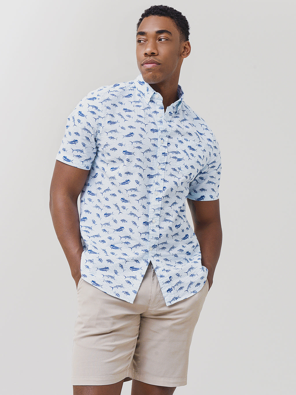 Southern Tide Men's Balboa Printed Seersucker Short Sleeve Button-Down Shirt - Saint Bernard