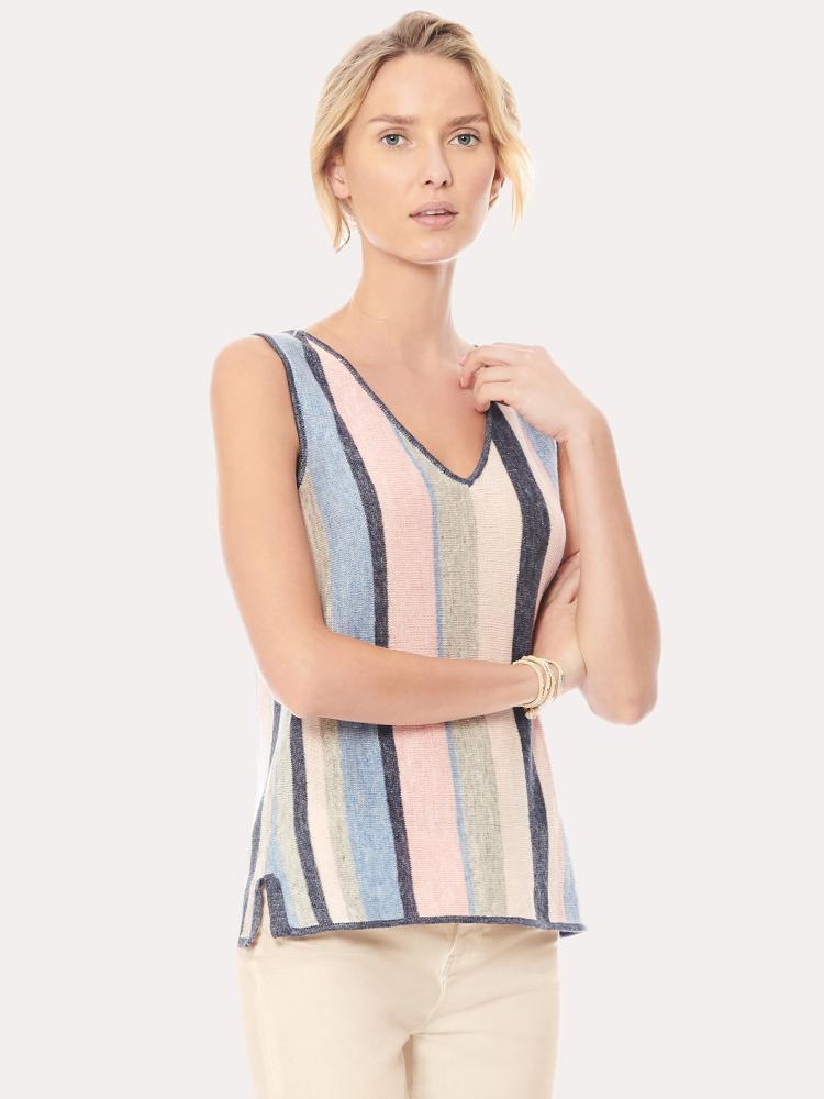 Ecru Striped Linen V Neck - Saint Bernard