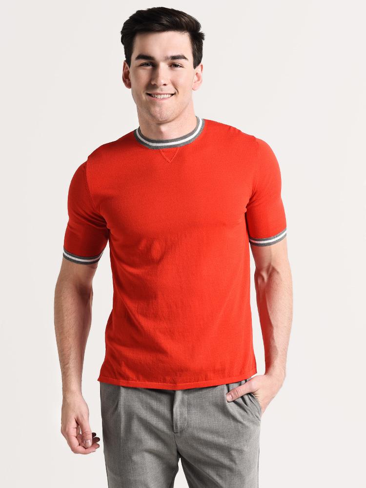 Eleventy Short Sleeve Knit Crew Contrast Collar - Saint Bernard