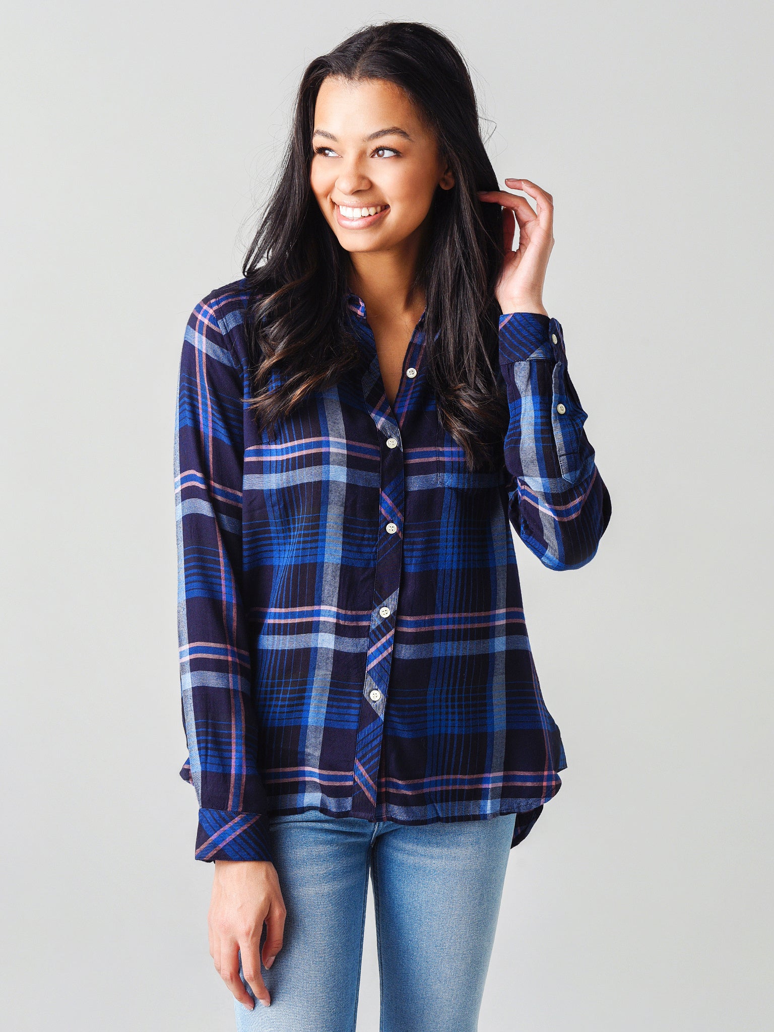 Dylan Women's Indigo Plaid 1-Pocket Shirt - Saint Bernard