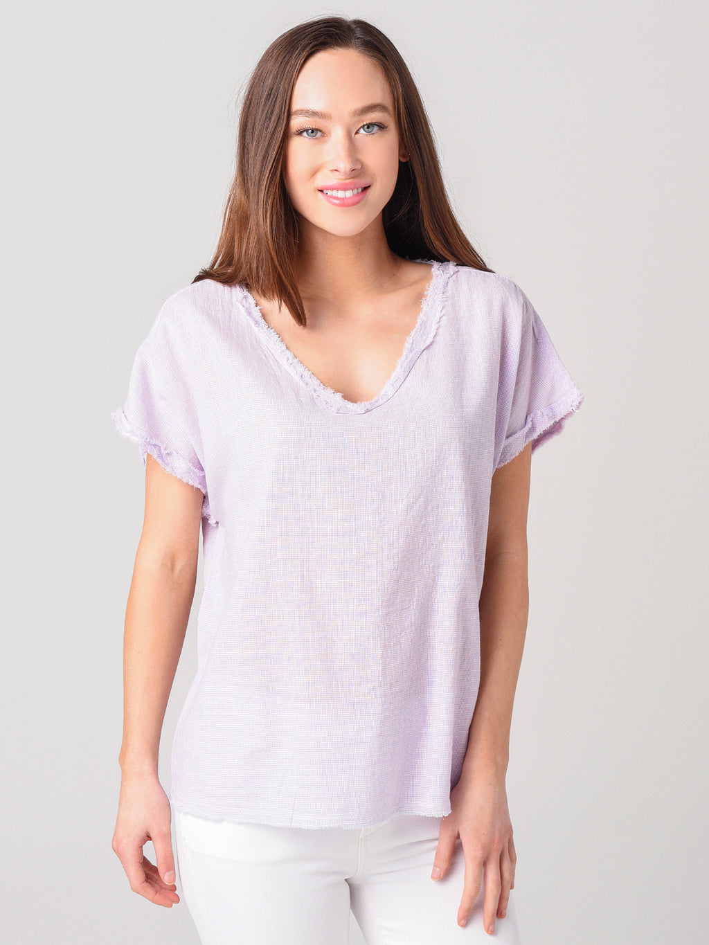 Dylan Women's V-Neck Top With Fray Details - Saint Bernard