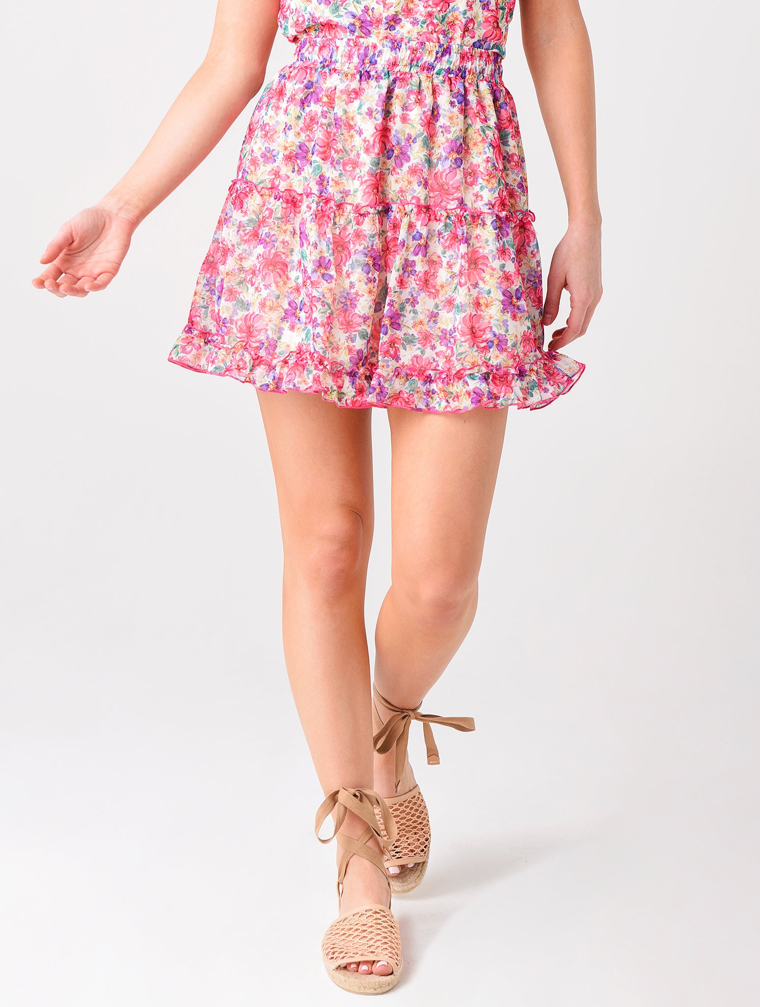 Lavender Brown Women's Floral Printed Ruffle Mini Skirt - Saint Bernard