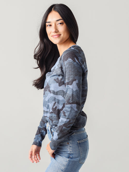ATM Women's Camo Slub Jersey Long Sleeve Destroyed Wash Crew Tee