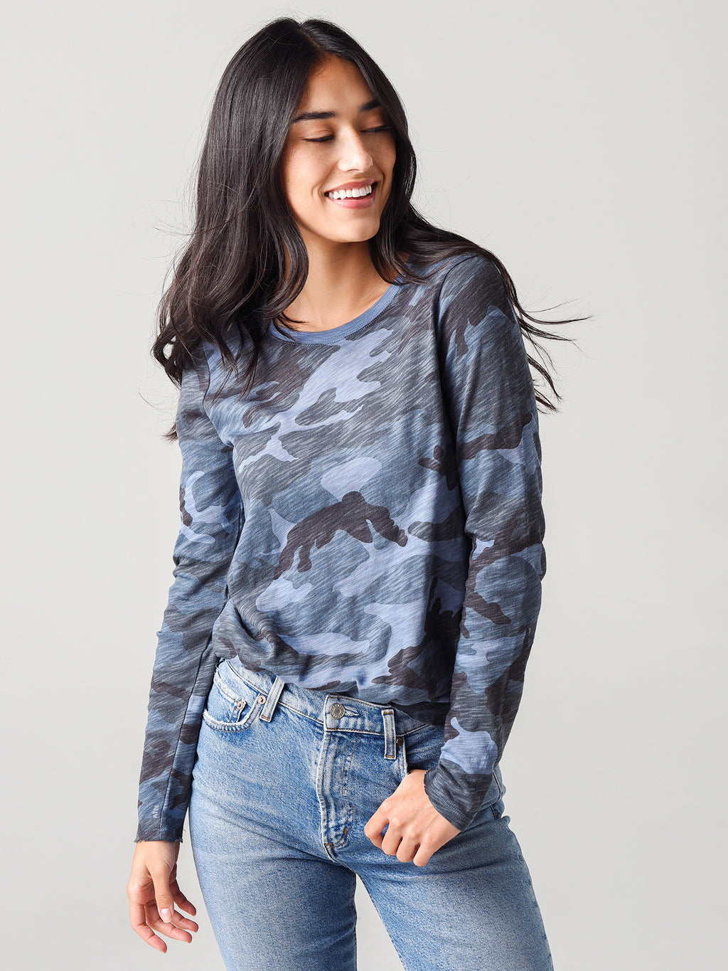 ATM Women's Camo Slub Jersey Long Sleeve Destroyed Wash Crew Tee - Saint Bernard