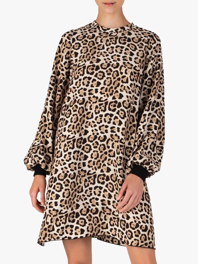 ATM Women’s Leopard Print Silk Charmeuse Bishop Sleeve Dress
