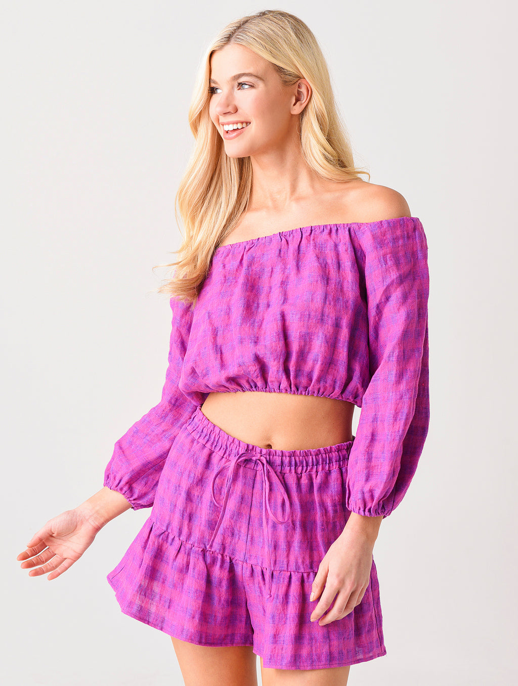 Lavender Brown Women's Linen Off The Shoulder Crop Top - Saint Bernard