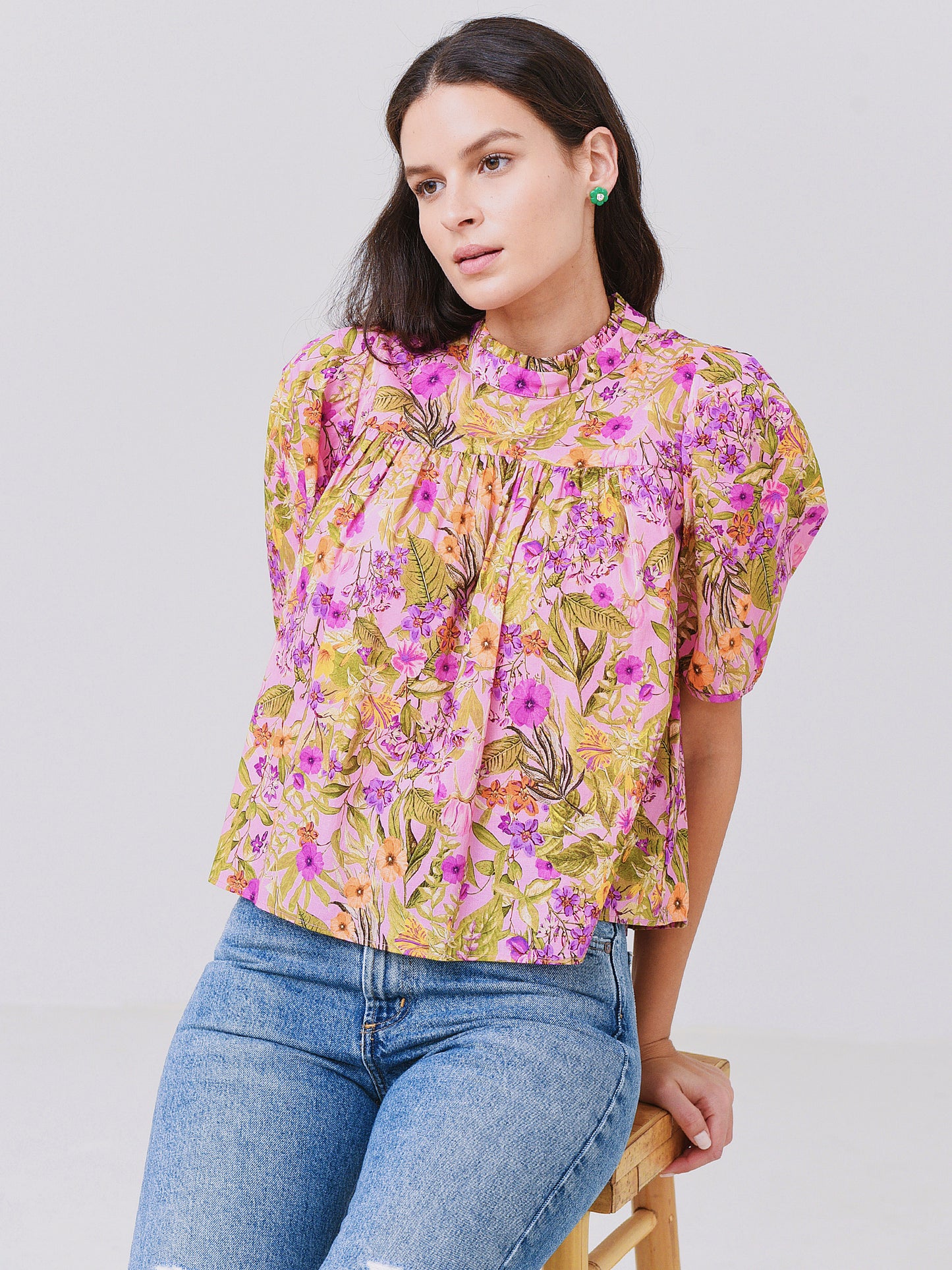 Lavender Brown Women's Floral Puff Sleeve Top