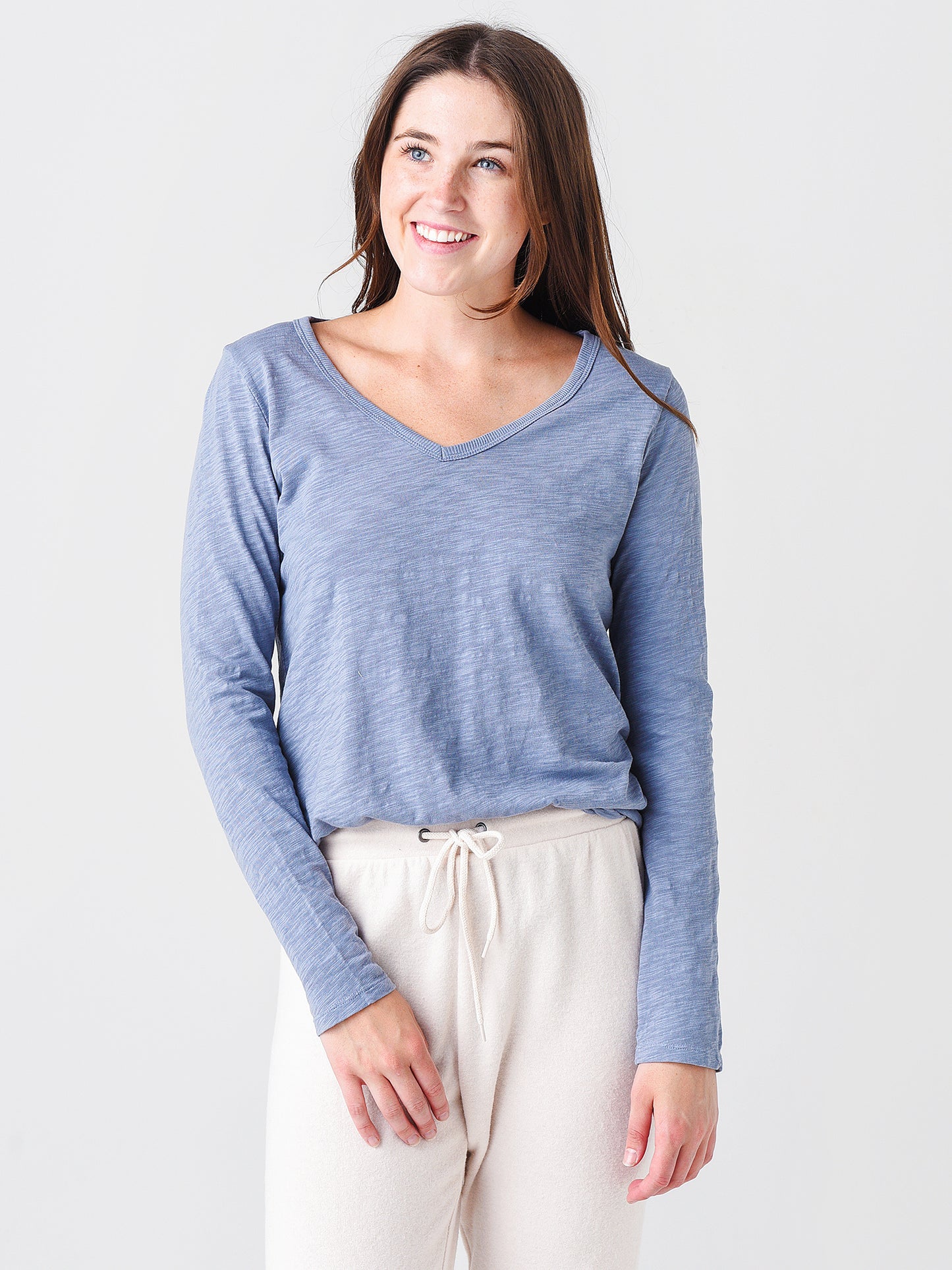 Dylan Women's Slub Long Sleeve Deep V-Neck Tee - Saint Bernard