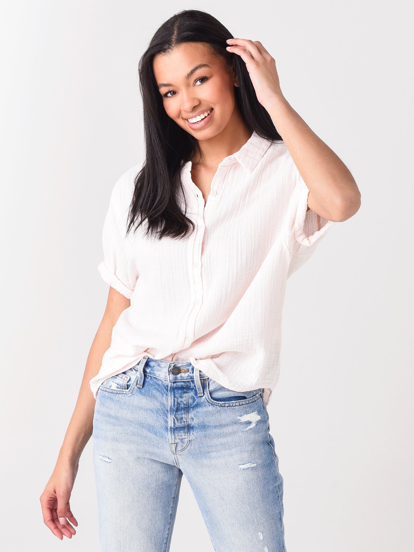 Dylan Women's Gauze short Sleeve Button-Up Top - Saint Bernard