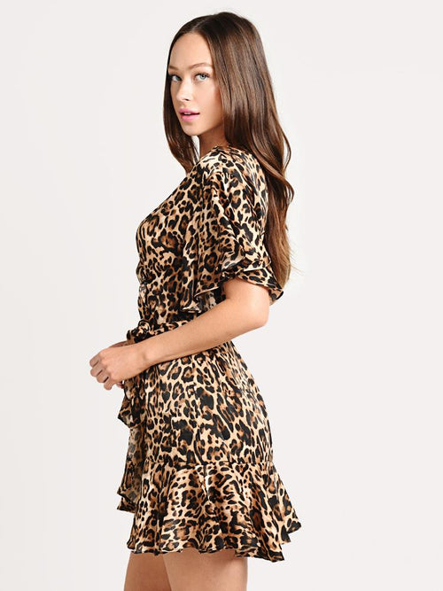 BB Dakota Wild Card Leopard Satin Wrap Dress