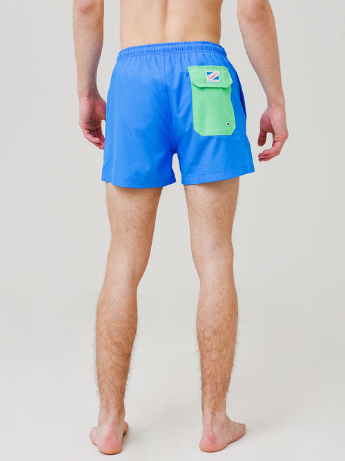 Bermies Men's Blue Solid Green Pocket Swim Trunk