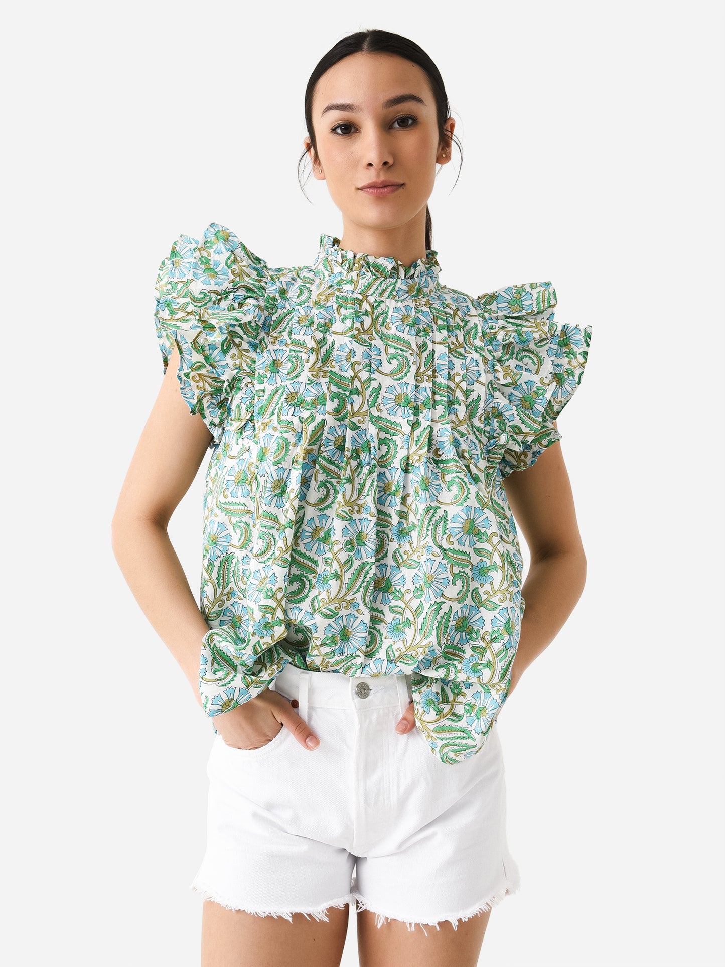 Sur La Vague Women's Button Ruffle Top - Saint Bernard