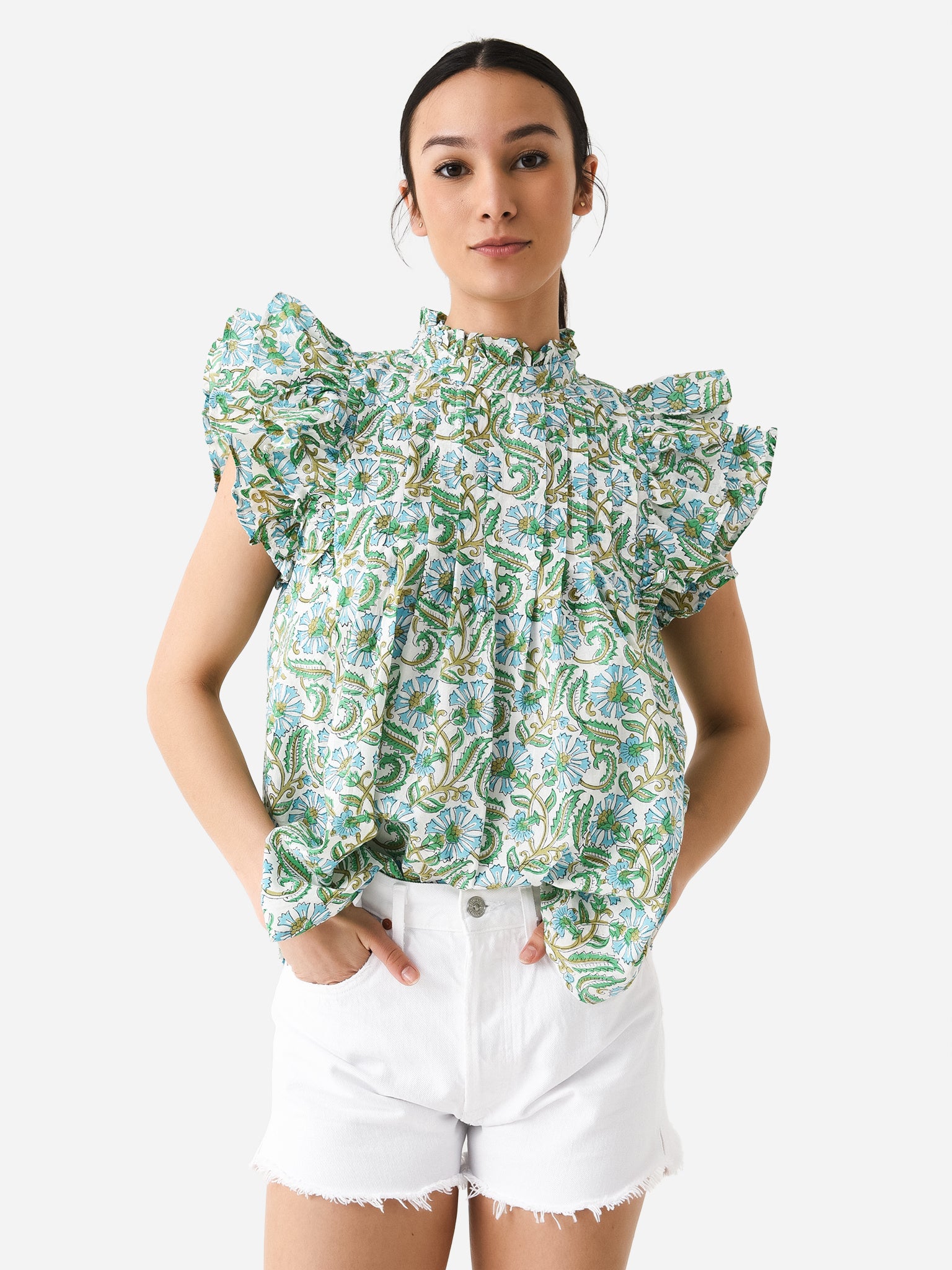 Sur La Vague Women's Button Ruffle Top - Saint Bernard