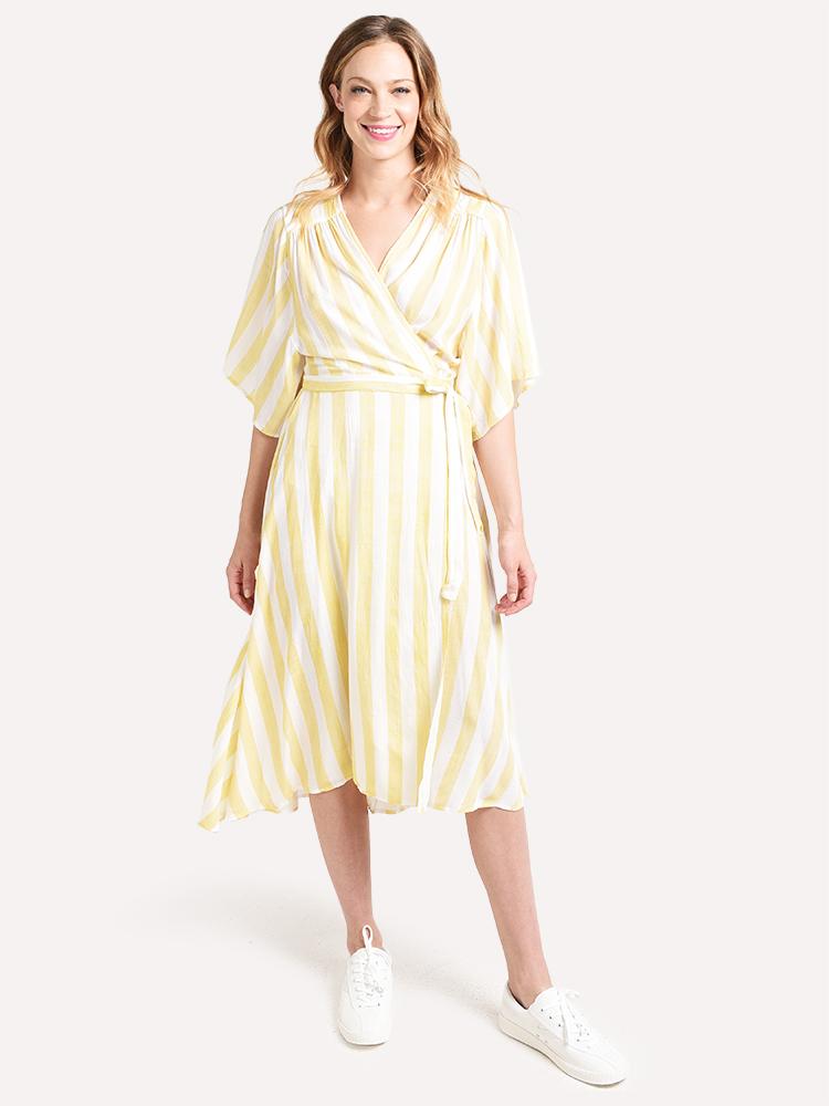 Blu Heaven Striped Wide Sleeve Wrap Midi Dress Blu Heaven Striped Wide Sleeve Wrap Midi Dress