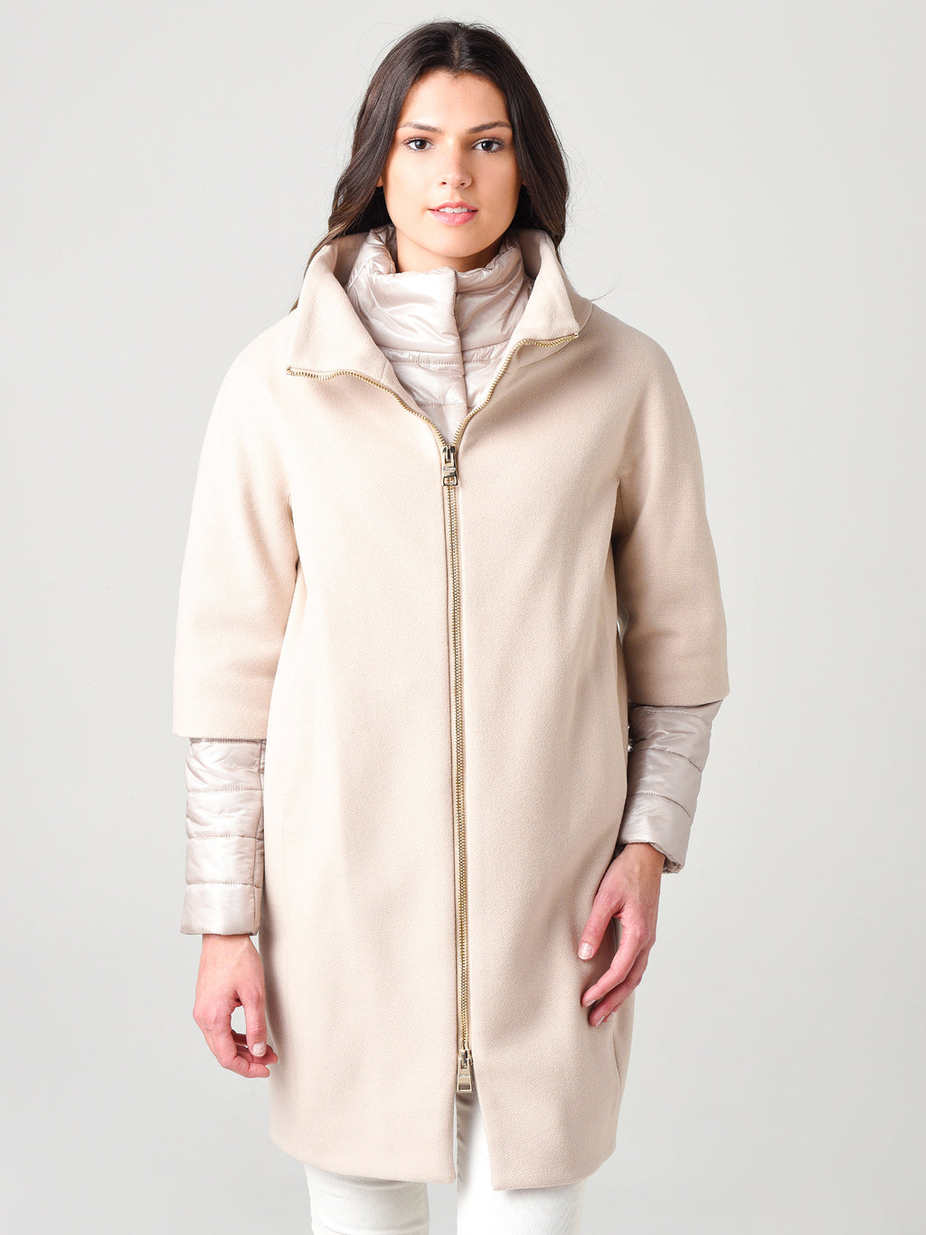 Herno Women's Diagonal Wool And Nylon Ultralight Coat With Removable Nylon Sleeve - Saint Bernard
