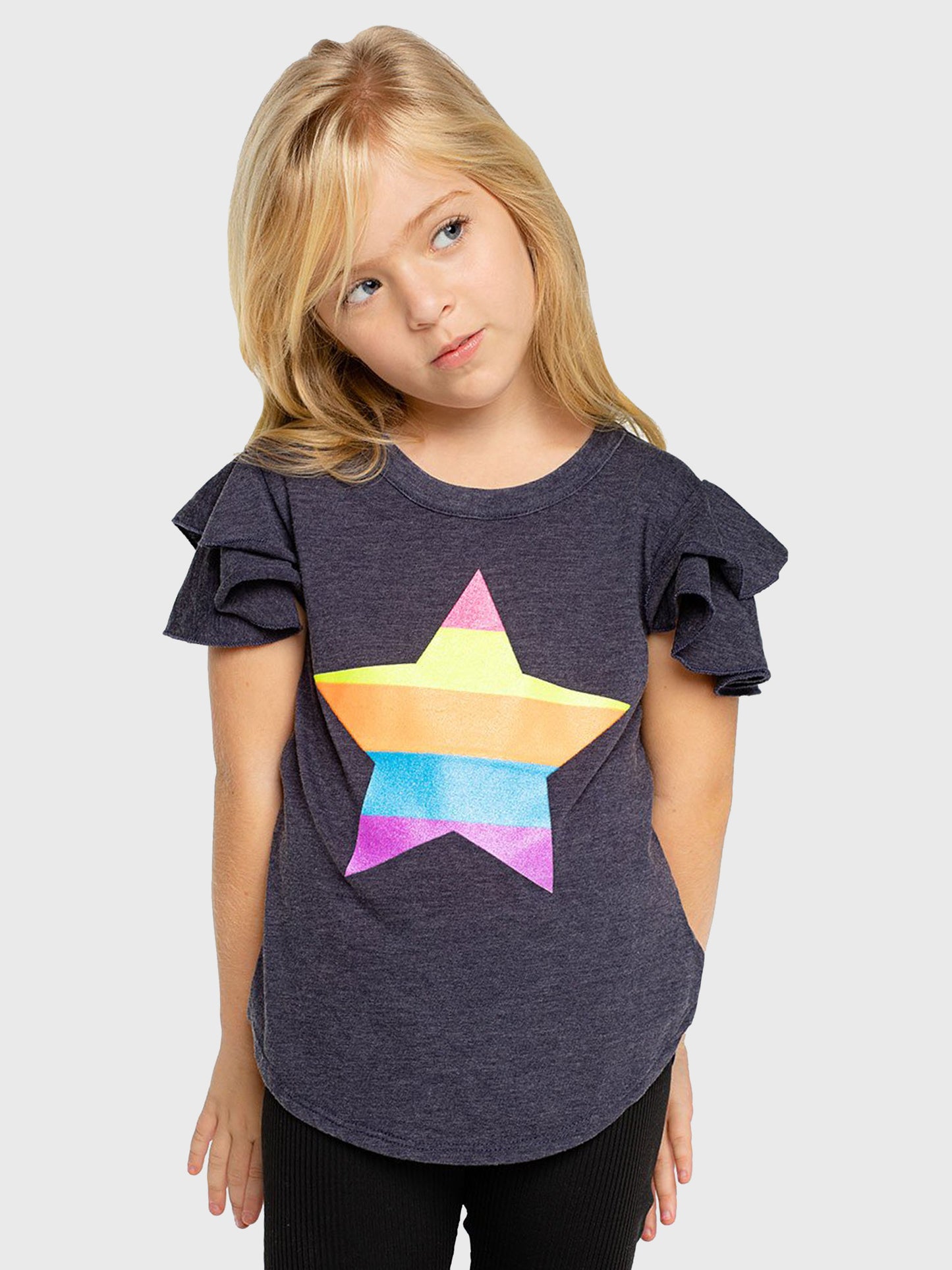 Chaser Girls' Glitter Star Flutter Sleeve Shirt