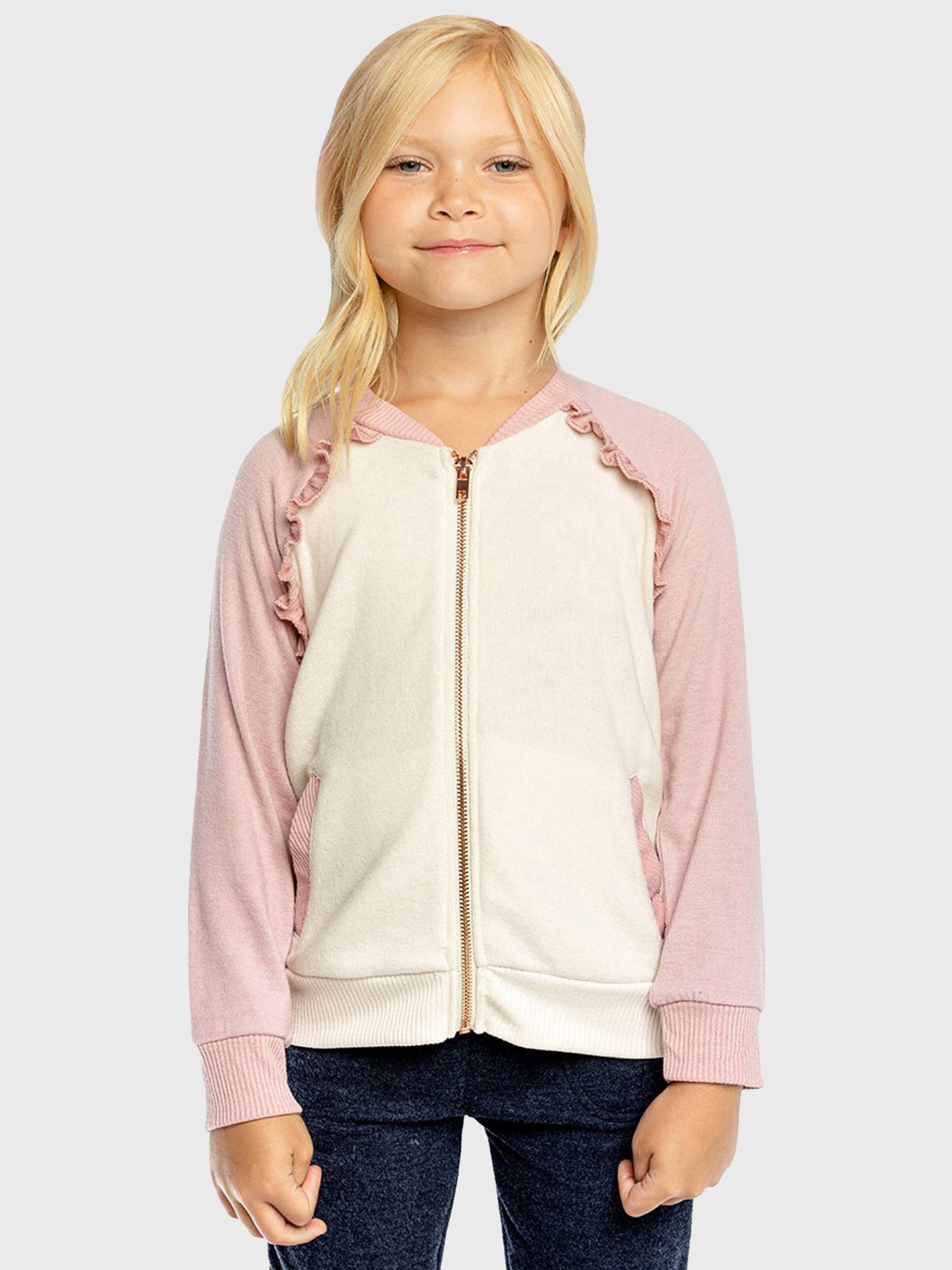 Chaser Girls' Bliss Knit Color Blocked Ruffle Raglan Track Jacket - Saint Bernard