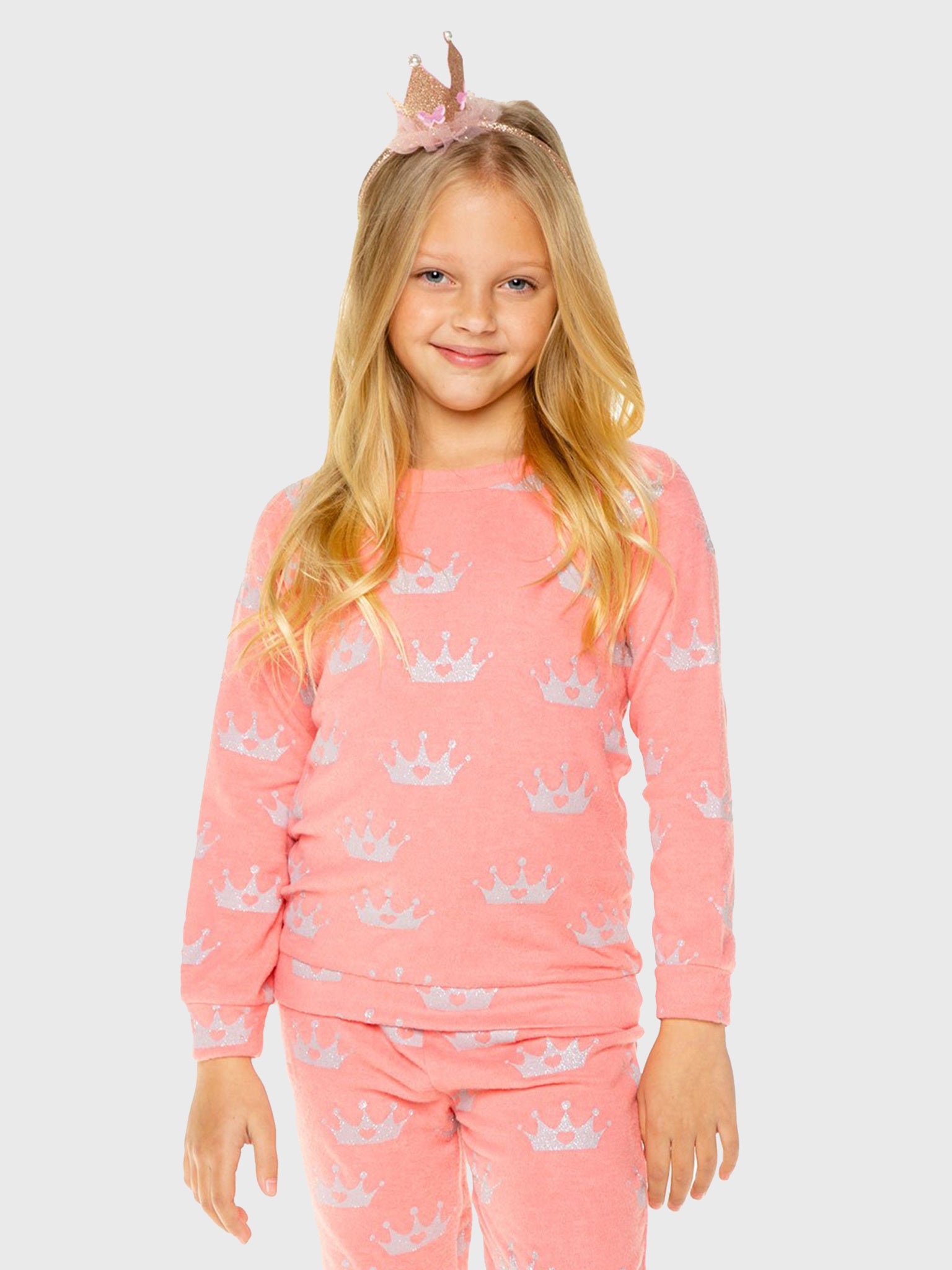 Chaser Girls' Glitter Crowns Raglan Pullover - Saint Bernard