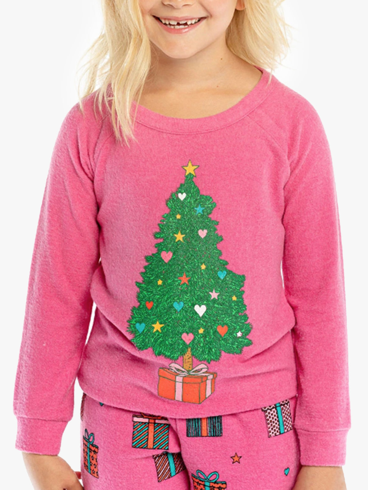 Chaser Girls' Christmas Tree Raglan Pullover - Saint Bernard