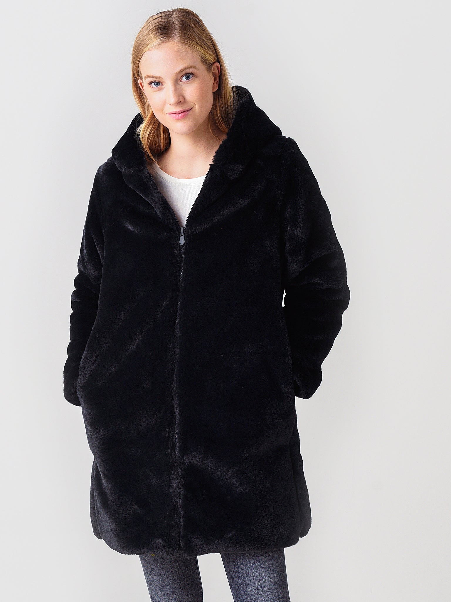 Save The Duck Women's Violet Long Reversible Faux Fur Hooded Coat - Saint Bernard