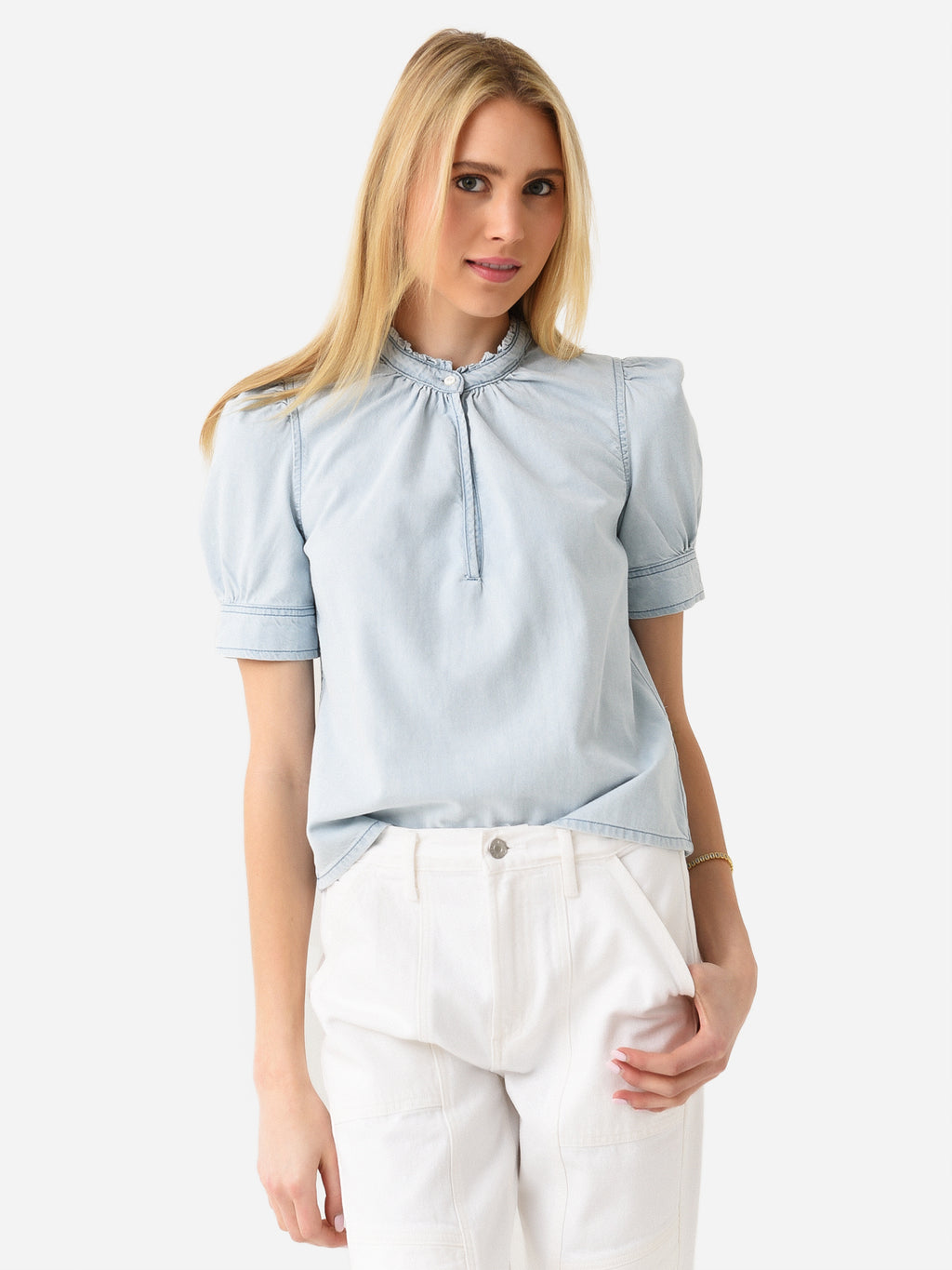 Frame Women's Deep V Ruffle Collar Top - Saint Bernard
