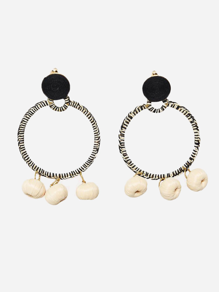 Serefina Women's Statement Raffia Wrapped Hoop And Pom Pom Earring - Saint Bernard