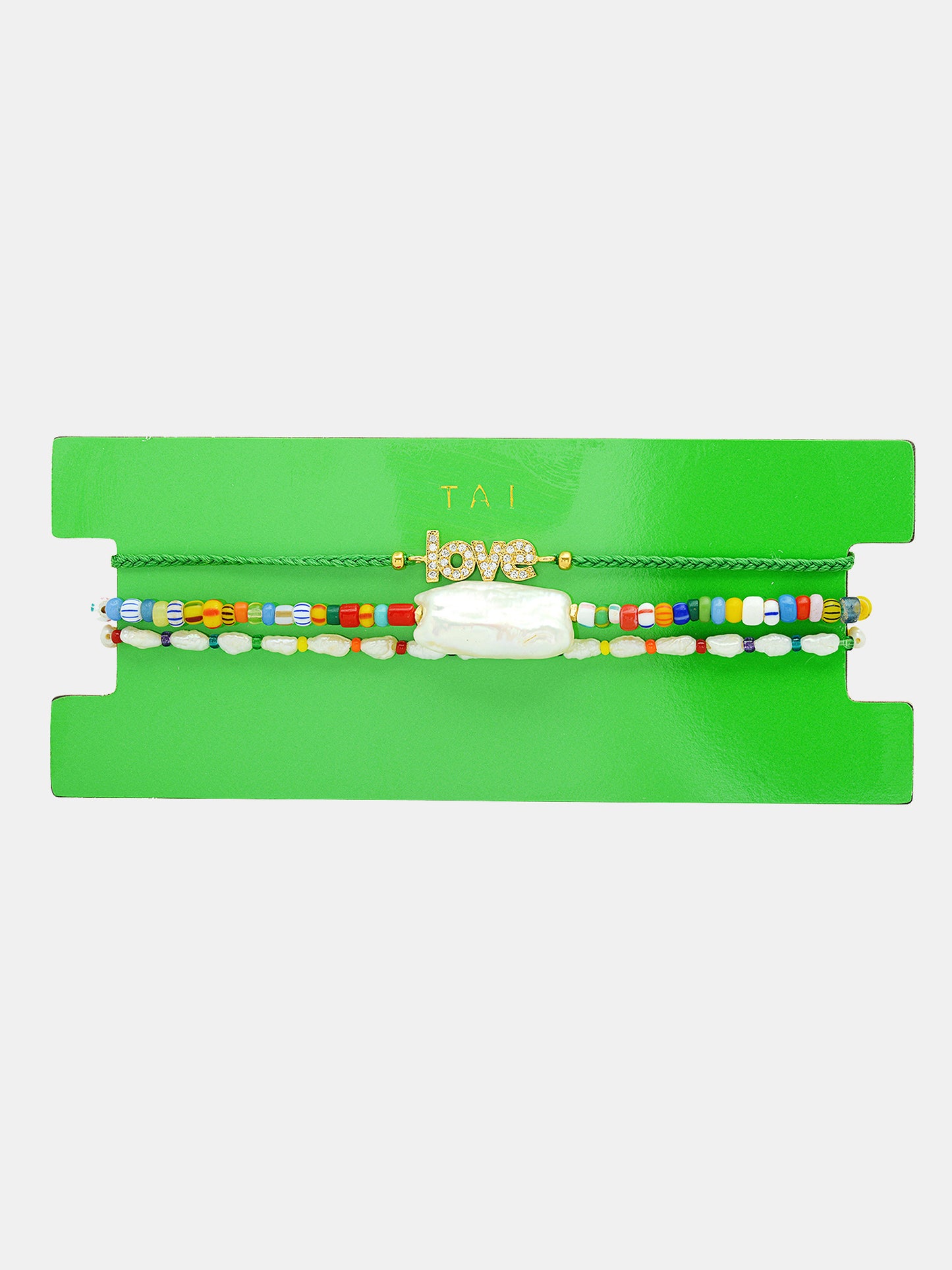 Tai Set of Three Love Bracelets in Green, Pearl and Multi