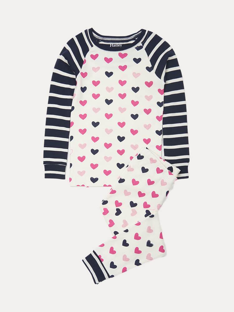 Hatley Girls' Lovey hearts Organi Cotton Raglan Pajama Set - Saint Bernard