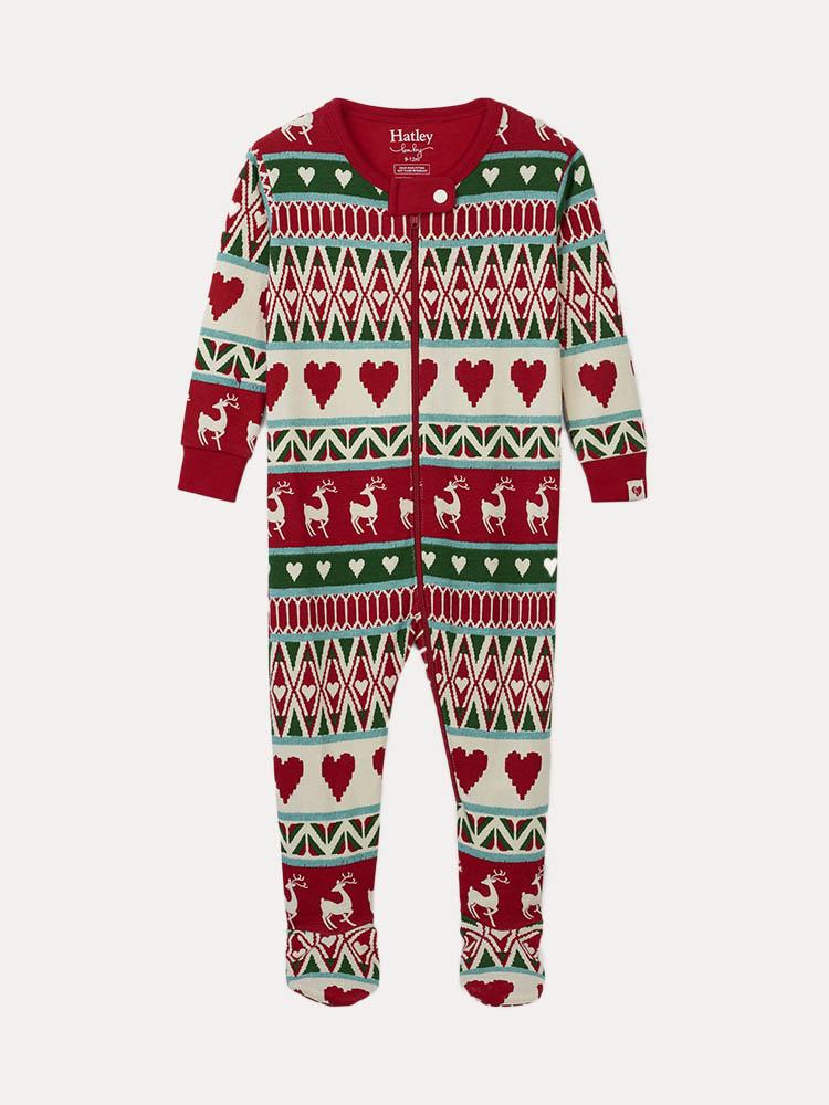 Hatley Little Girls' Mistletoe Deer Fair Isle Organic Cotton Footed Coverall - Saint Bernard