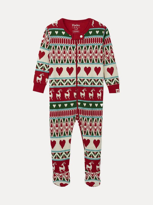 Hatley Little Girls' Mistletoe Deer Fair Isle Organic Cotton Footed Coverall - Saint Bernard